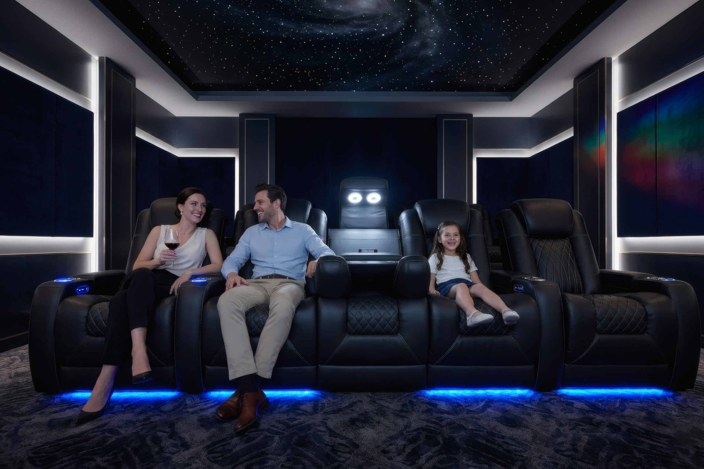 Tarantino Console Italian Leather Home Theater Seating With Power Recline Lumbar Headrest