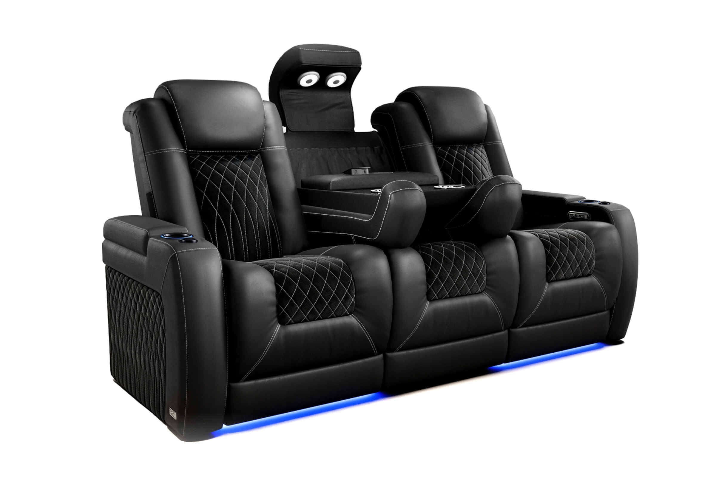 Tarantino Console Suede Power Reclining Home Theater Recliner Sofa with plush black leather and stylish design.