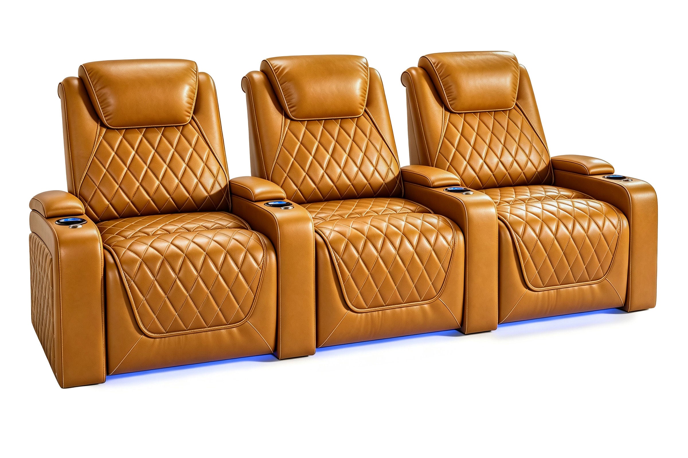 Nolan Home Theater Seating Row of 3 in Cognac Leather with Diamond Quilting and Blue LED Base Lighting - Triple Motor RGB Recliner