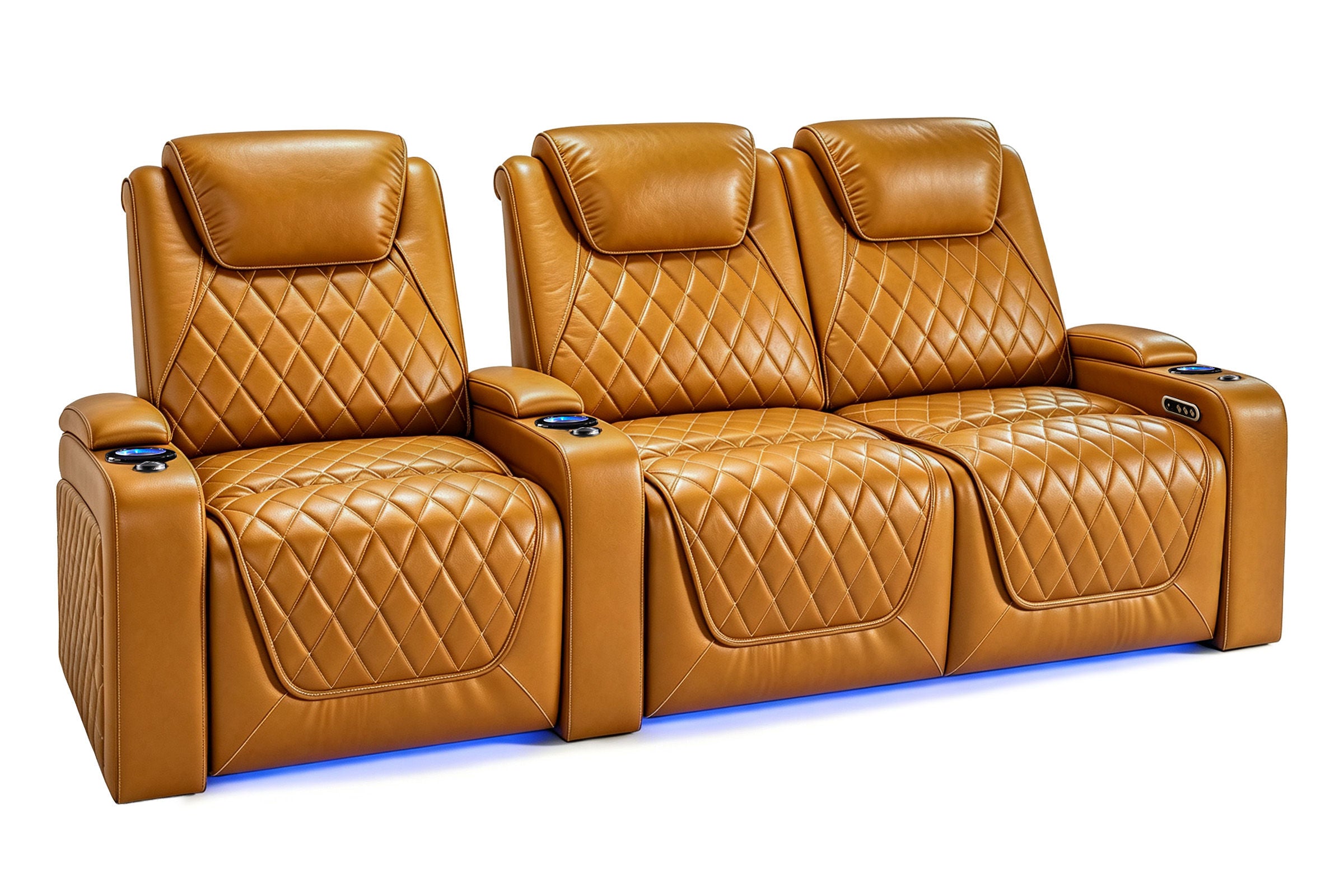 Nolan Home Theater Seating Curved Row Cognac Leather with Diamond Quilting and Blue LED Base Light