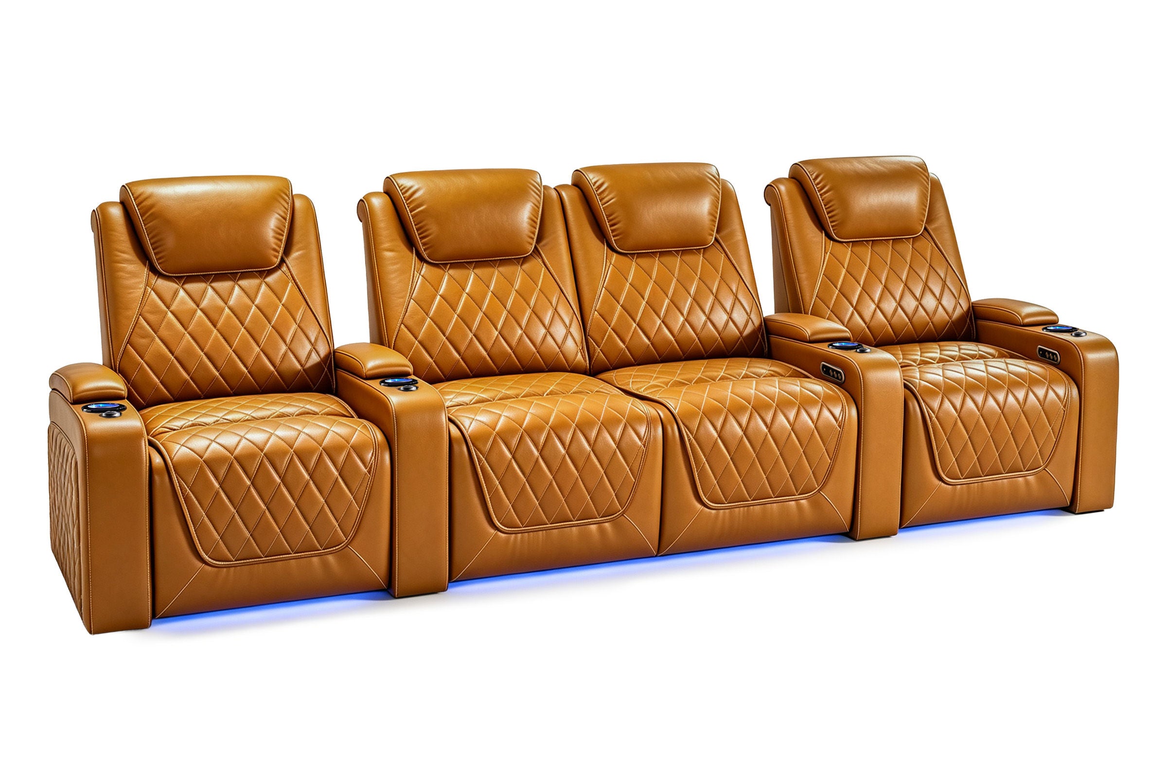 Nolan Home Theater Seating Row 4-5 Curved Cognac Leather with Diamond Quilting and Blue LED Ambient Light	