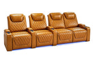 Nolan Home Theater Seating Curved Row Butterscotch Leather with Diamond Quilting and Blue LED Base Light	