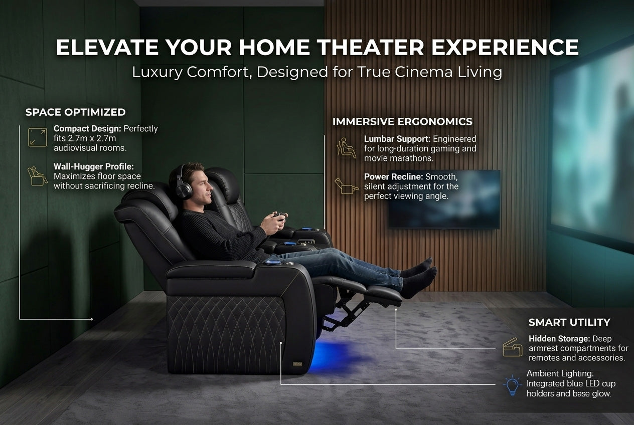 Tarantino Italian Leather Home Theater Seating With Power Recline Lumbar Headrest