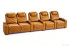 Nolan Home Theater Seating Row of 5 Straight Cognac Leather with Diamond Quilting and Blue LED Lighting	