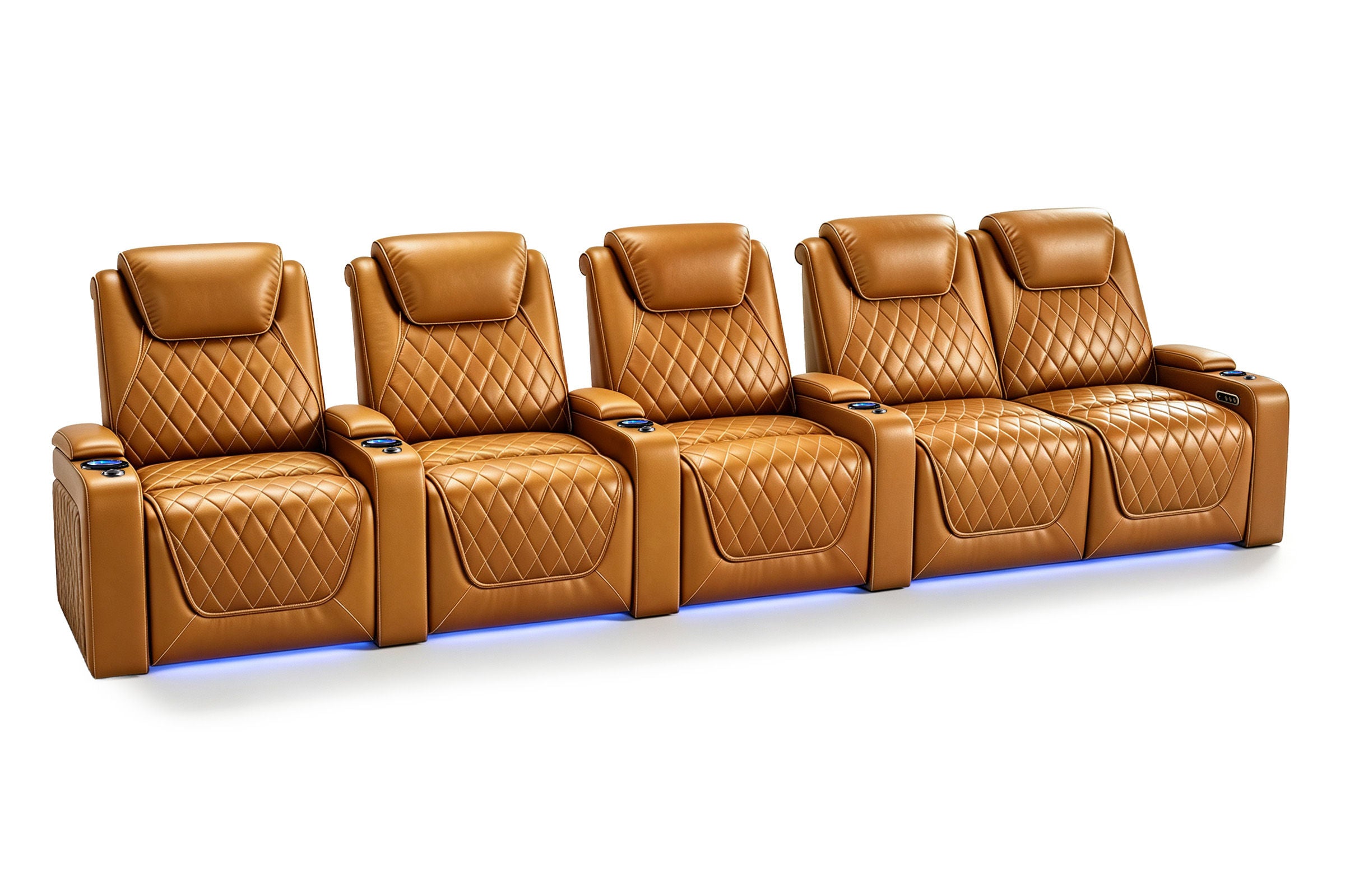 Nolan Home Theater Seating Row of 5 Curved Stadium Style in Cognac Leather with Diamond Quilting and LED Light	