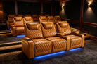 Nolan Home Theater Seating Cognac Leather in Stadium Configuration with Blue LED Cup Holder Lighting