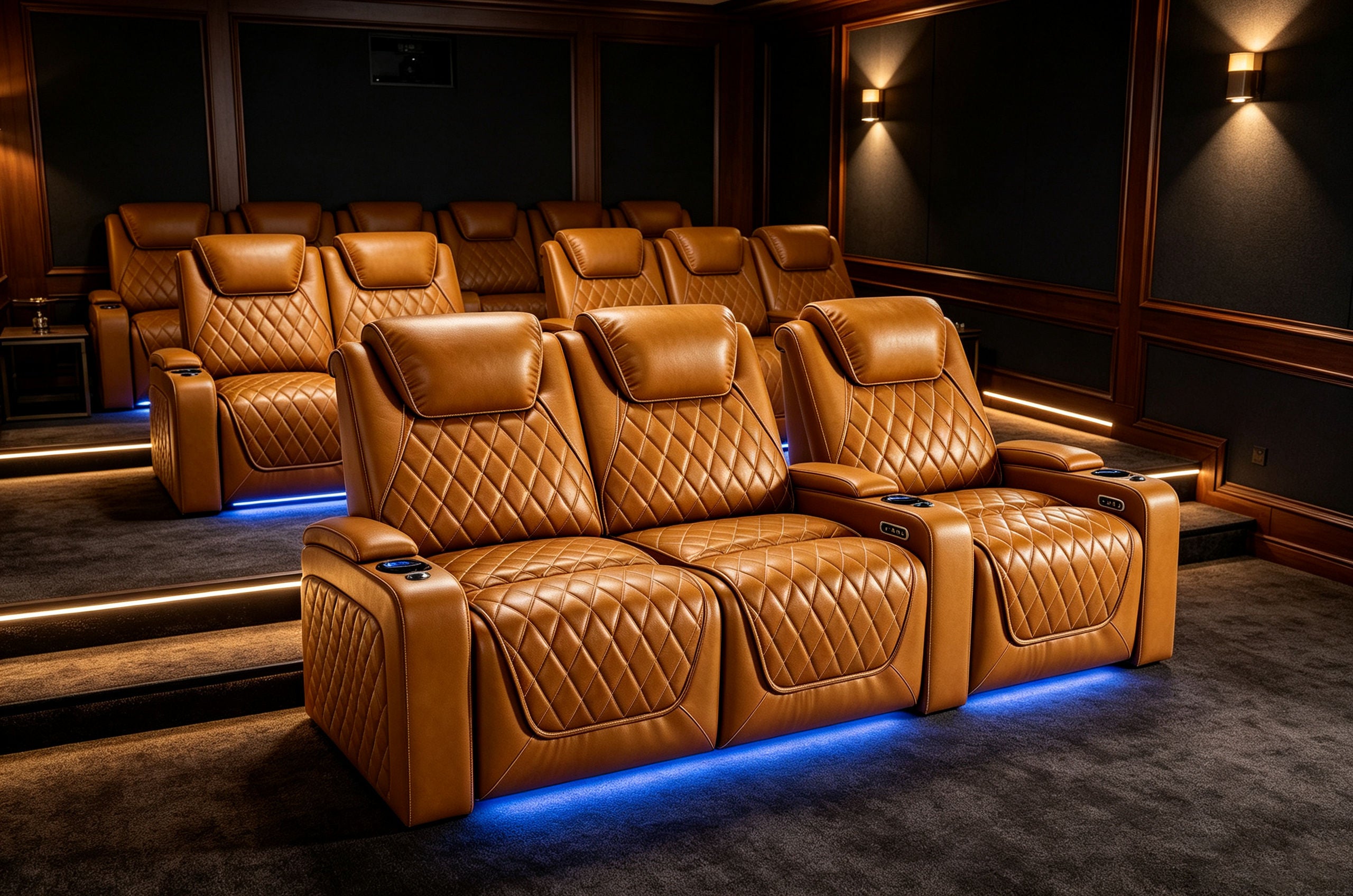 Nolan Home Theater Seating Cognac Leather in Stadium Configuration with Blue LED Cup Holder Lighting