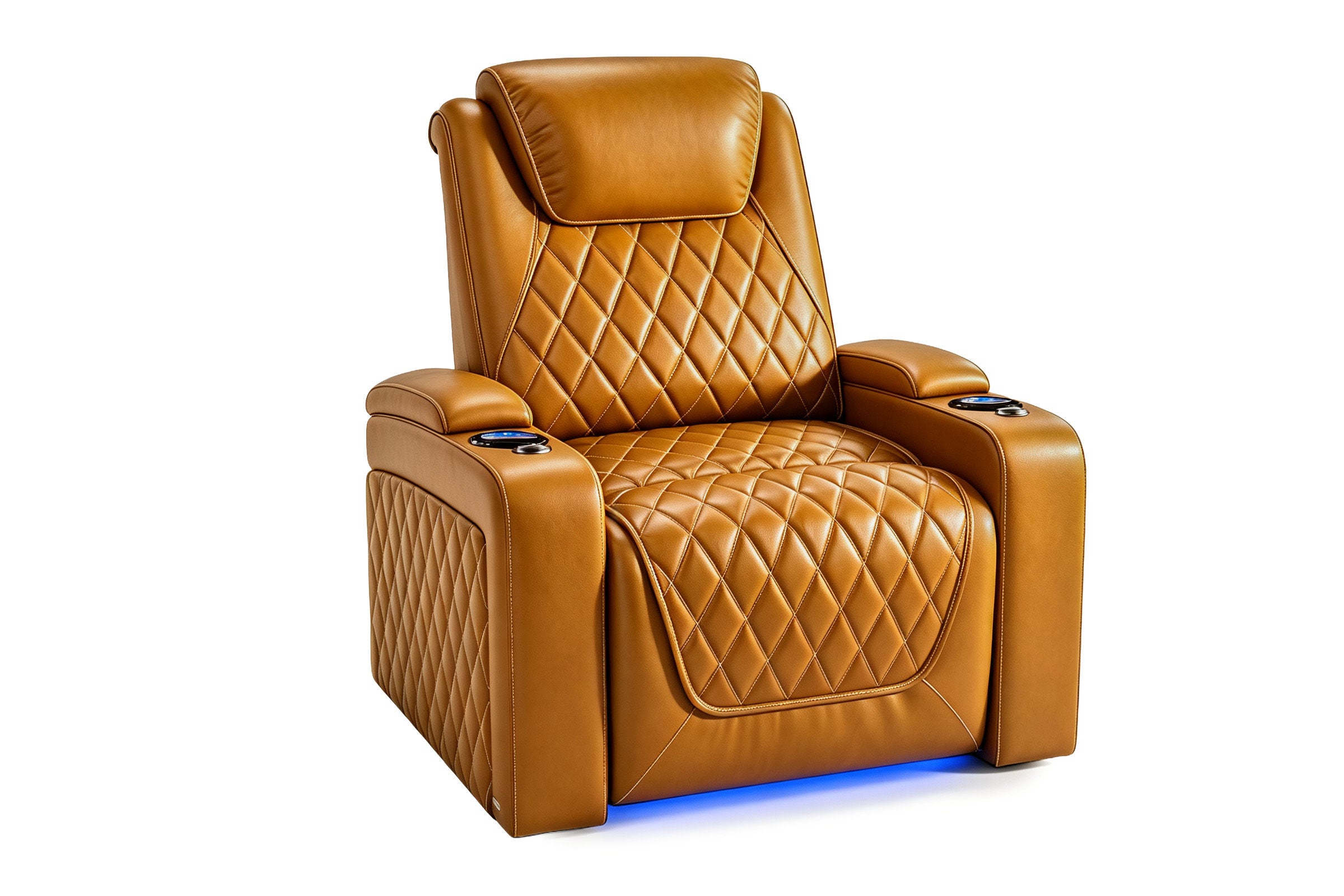 Nolan Home Theater Seating Single Cognac Leather Recliner with Diamond Quilting and Blue LED Base Light	