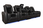 Tarantino Console Suede Power Reclining Home Theater Recliner Sofa with sleek black leather and blue LED lighting.
