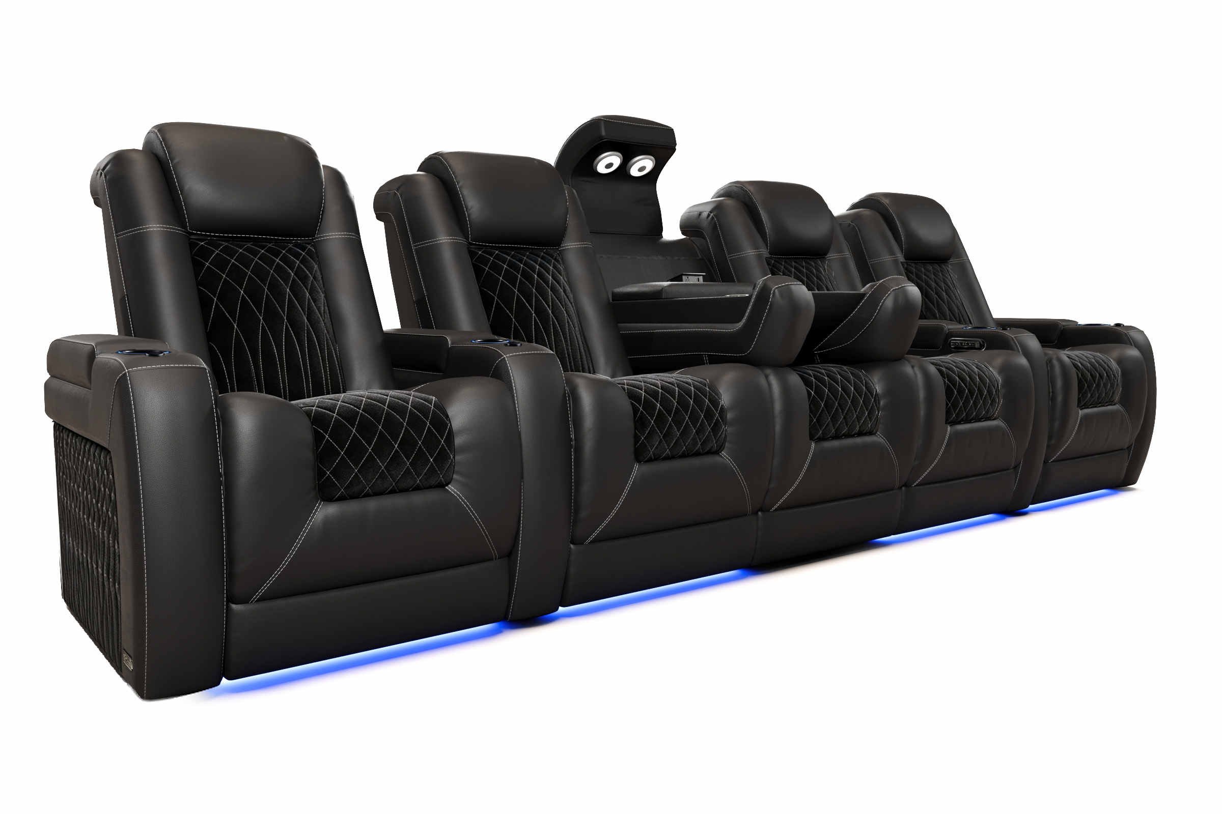 Tarantino Console Suede Power Reclining Home Theater Recliner Sofa with sleek black leather and blue LED lighting.
