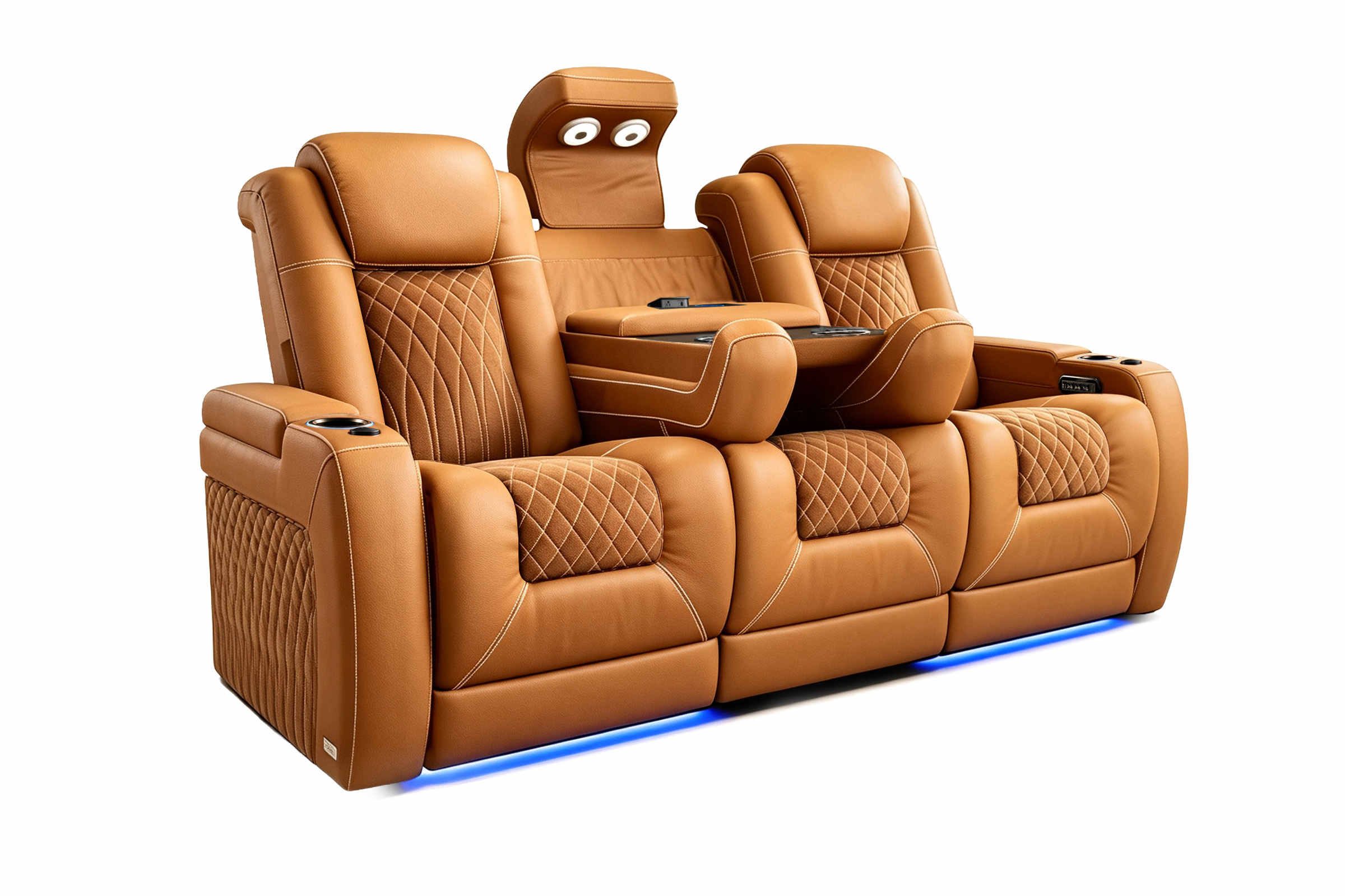 Tarantino Console Suede Power Reclining Home Theater Recliner Sofa with plush leather and suede accents.