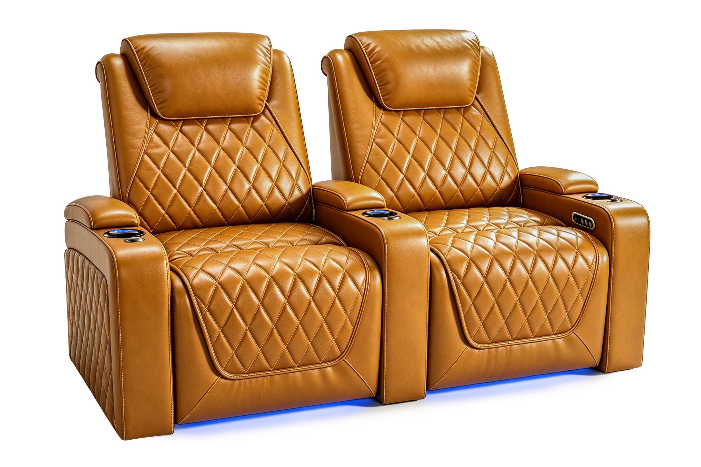 Nolan Home Theater Seating Loveseat 2-Seat in Cognac Leather with Diamond Quilting and LED Cup Holders