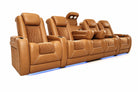 Tarantino Console Suede Power Reclining Home Theater Recliner Sofa with elegant suede accent panels.