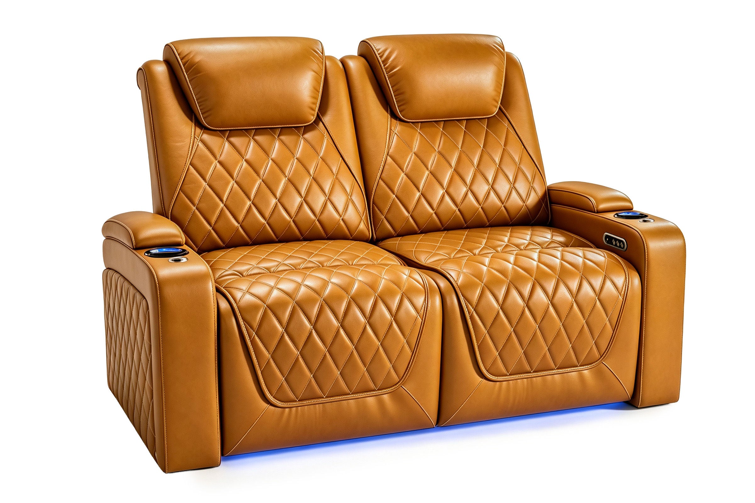 Nolan Home Theater Seating Loveseat 2-Seat Cognac Leather with Diamond Quilting and Blue LED Lighting