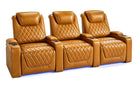 Nolan Home Theater Seating Row of 3 in Cognac Leather with Diamond Quilting and Blue LED Base Lighting - Triple Motor RGB Recliner