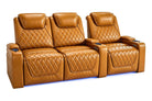 Nolan Home Theater Seating Row of 3 Cognac Leather with Diamond Quilting, Blue LED Lighting and Power Headrest	