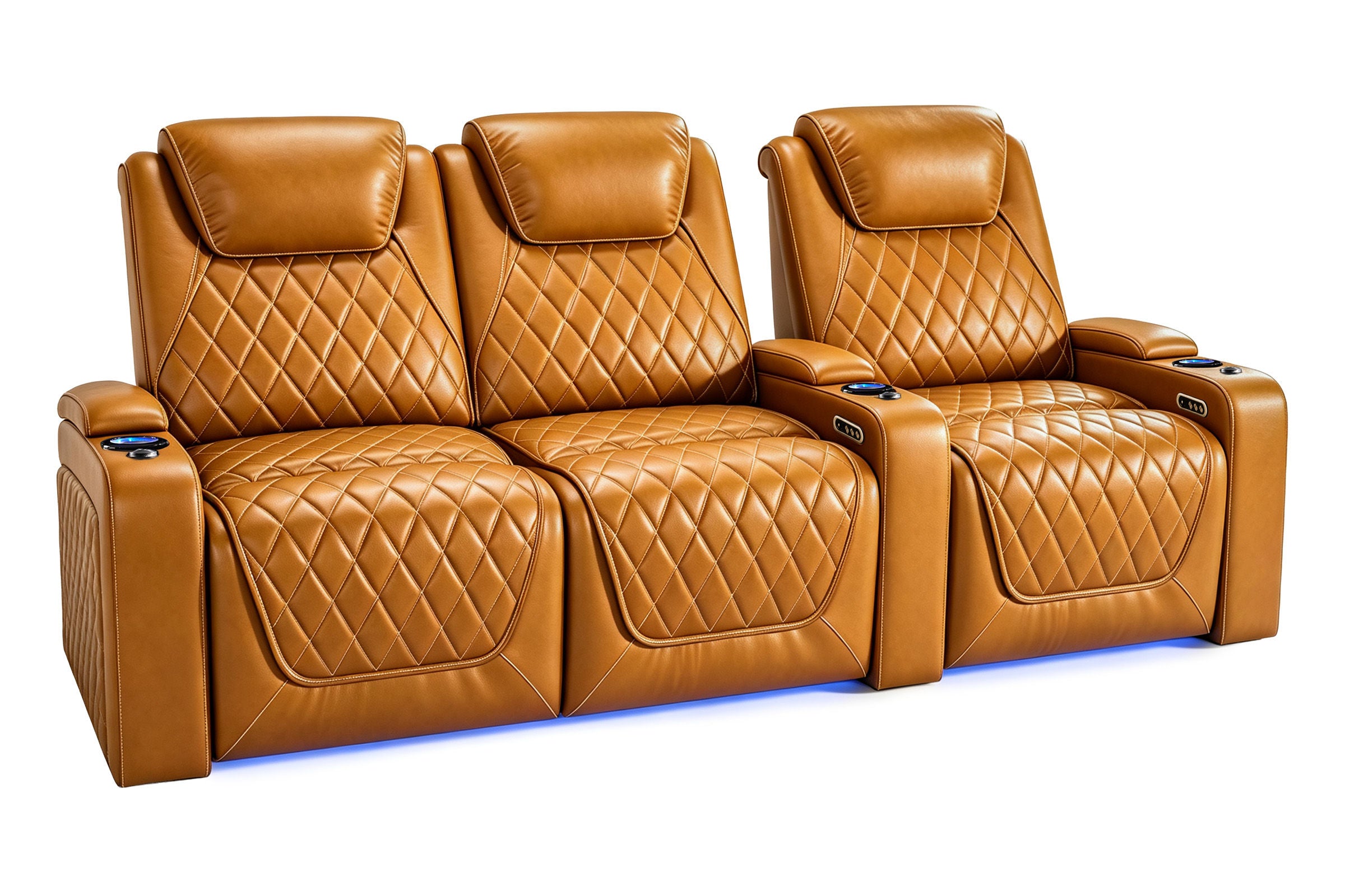 Nolan Home Theater Seating Row of 3 Cognac Leather with Diamond Quilting, Blue LED Lighting and Power Headrest	