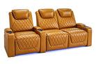 Nolan Home Theater Seating Curved Row Cognac Leather with Diamond Quilting and Blue LED Base Light	