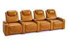 Nolan Home Theater Seating Row of 4 Curved in Cognac Leather with Diamond Quilting and Blue LED Lighting