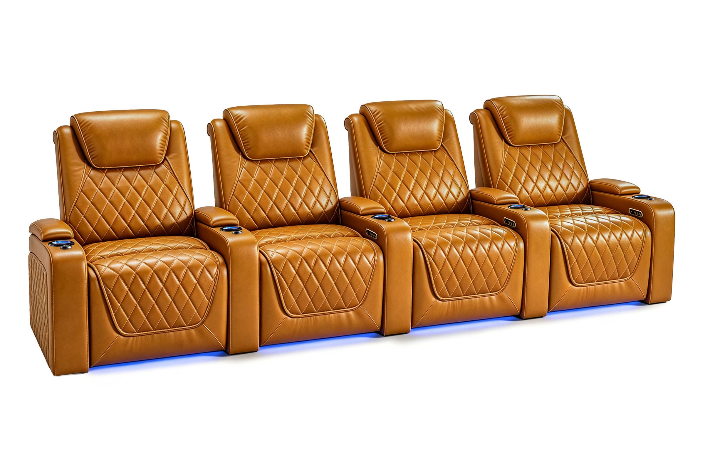 Nolan Home Theater Seating Row of 4 Curved in Cognac Leather with Diamond Quilting and Blue LED Lighting