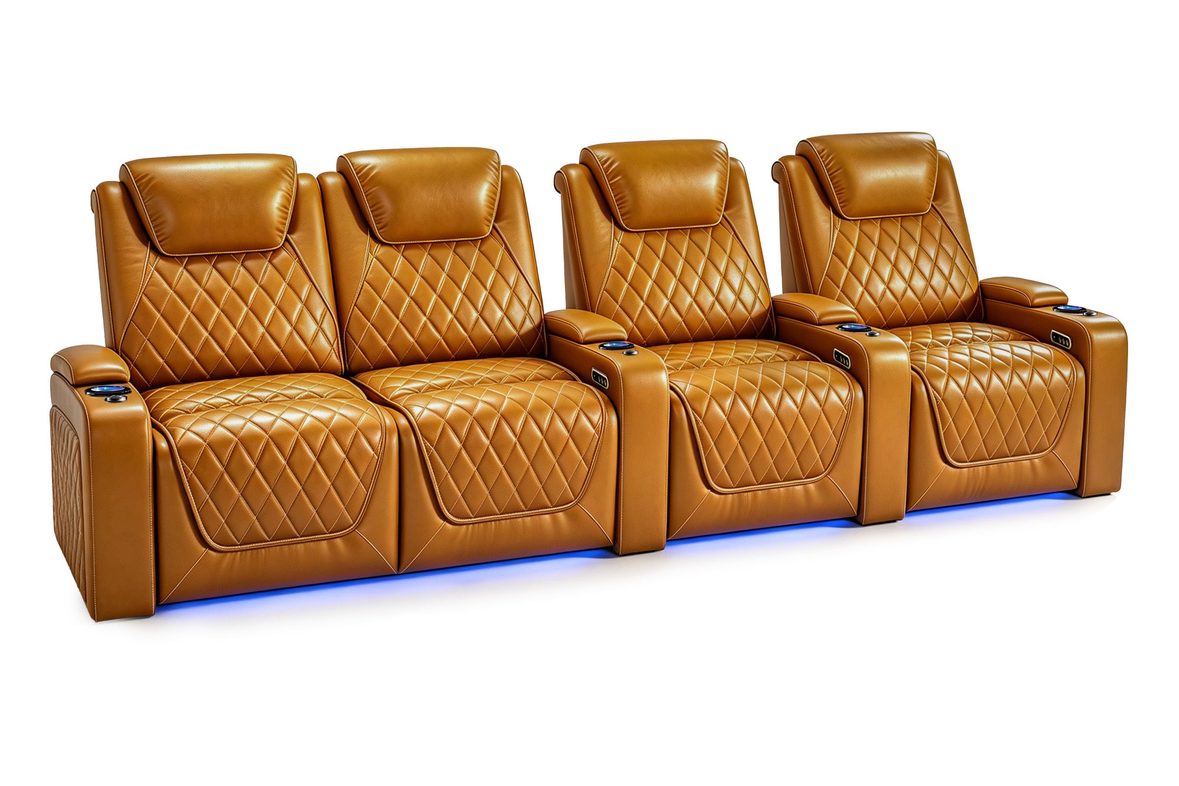 Nolan Home Theater Seating Row of 4 Straight Cognac Leather with Diamond Quilting and LED Cup Holders	