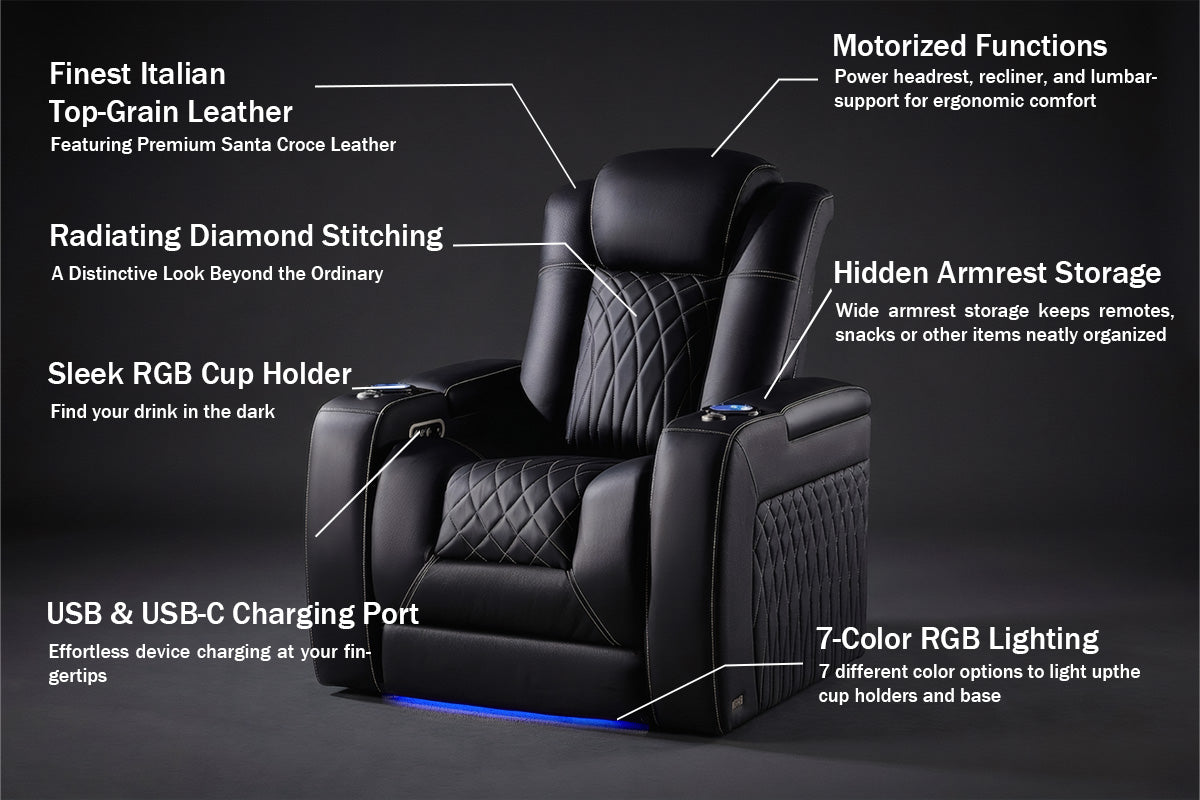 Italian Leather Home Theater Seating With LED Power Recline 5 Year Extended Warranty