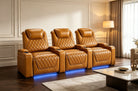 	Nolan Home Theater Seating Row of 3 Cognac Leather with Diamond Quilting, Blue LED Lighting, Power Recline - Luxury Cinema Experience