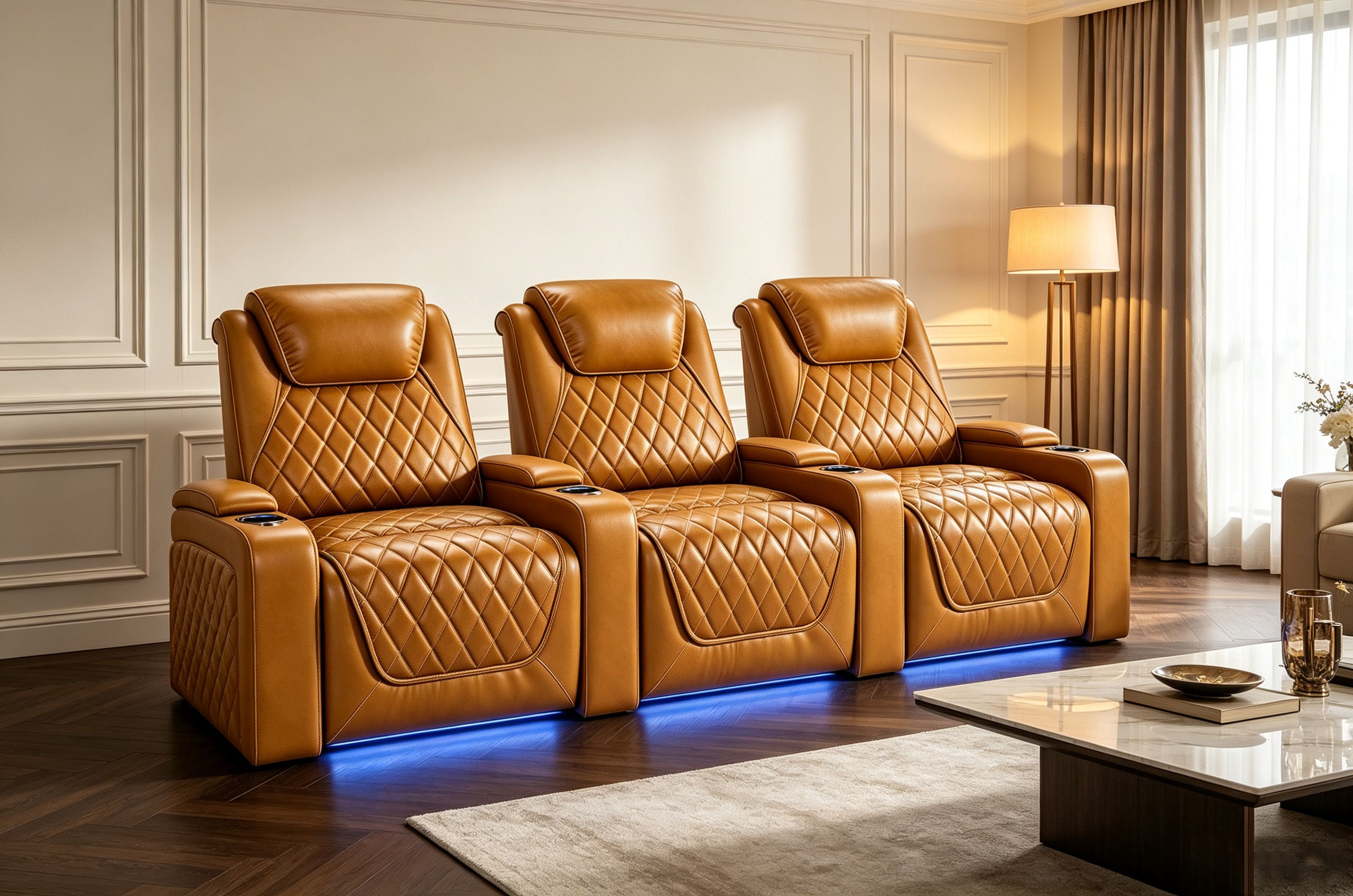 	Nolan Home Theater Seating Row of 3 Cognac Leather with Diamond Quilting, Blue LED Lighting, Power Recline - Luxury Cinema Experience